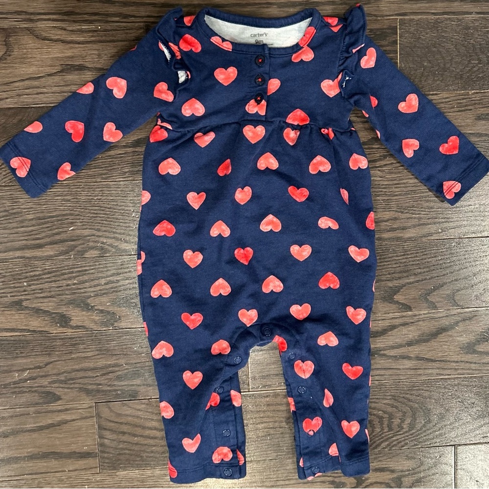 Carter's Blue Romper with Pink Heart Pattern
